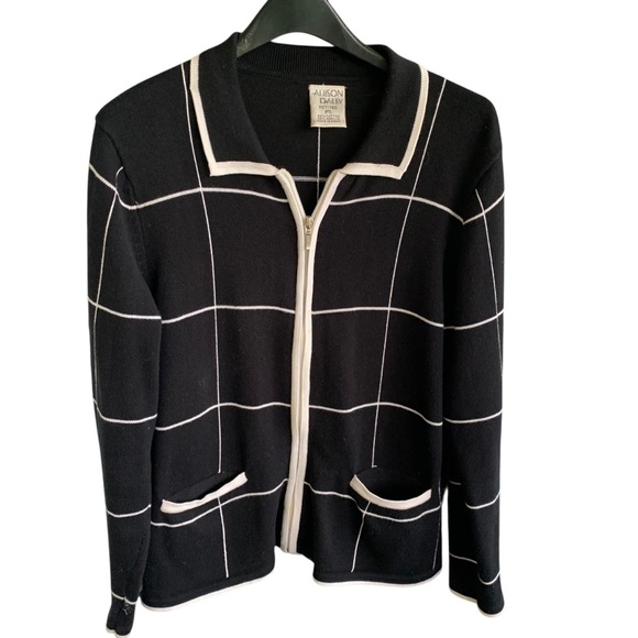 Vintage Allison Daley Black White Grid Cardigan Sweater Full Zip Women’s Small - Picture 1 of 6